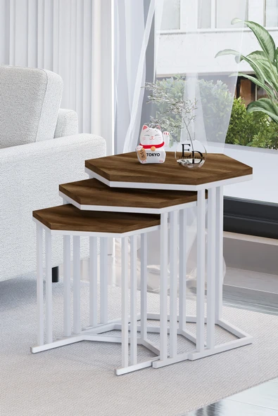 Zigon Sehpa , Tokyo 3'lü Zigon Takımı , Beyaz Metal - Barok Tabla ürün görseli