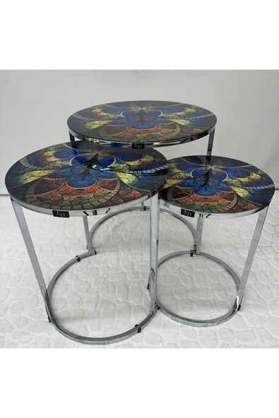 Zigon Sehpa , Paris 3'lü Camlı C Zigon Sehpa Takımı , Gümüş Metal - Cam-97 - Resim 3