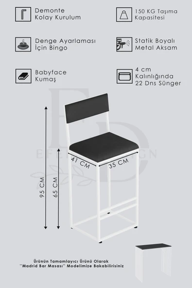 İbiza Bar Sandalyesi , Bar Taburesi , Ada Mutfak Sandalyesi , Taburesi - Siyah Kumaş - Resim 4