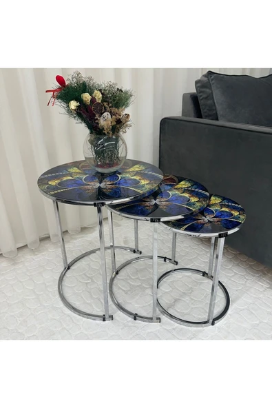 Zigon Sehpa , Paris 3'lü Camlı C Zigon Sehpa Takımı , Gümüş Metal - Cam-97 ürün görseli