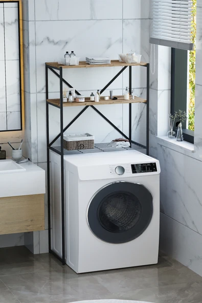 Banyo Rafı , Beril 2 Raflı Çamaşır Makinesi Üstü Düzenleyici , Siyah Metal - Atlantik Çam Tabla ürün görseli