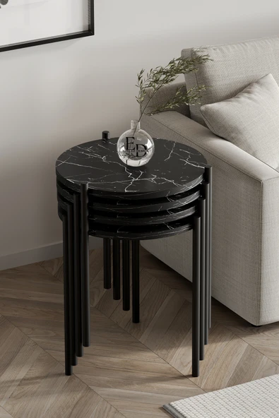 Zigon Sehpa , Nice 4'lü Zigon Sehpa Takımı , Siyah Metal - Siyah Mermer Tabla ürün görseli