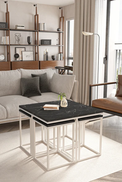 Orta Sehpa , Lizbon 4 1 , Kare Pizza Sehpa Takımı , Beyaz Metal - Siyah Mermer Tabla - Resim 2