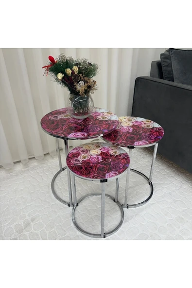 Zigon Sehpa , Paris 3'lü Camlı C Zigon Sehpa Takımı , Gümüş Metal - Cam-96 - Resim 2