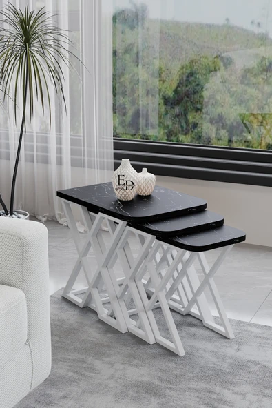 Zigon Sehpa , Milano 3'lü Zigon Sehpa Takımı , Beyaz Metal - Siyah Mermer Tabla ürün görseli