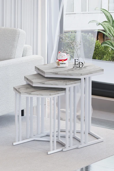 Zigon Sehpa , Tokyo 3'lü Zigon Takımı , Beyaz Metal - Beyaz Mermer Tabla ürün görseli