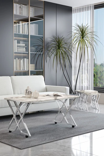 Orta Sehpa , Milano Tekerlekli Orta Sehpa , Gümüş Metal - Beyaz Mermer Tabla - Resim 2