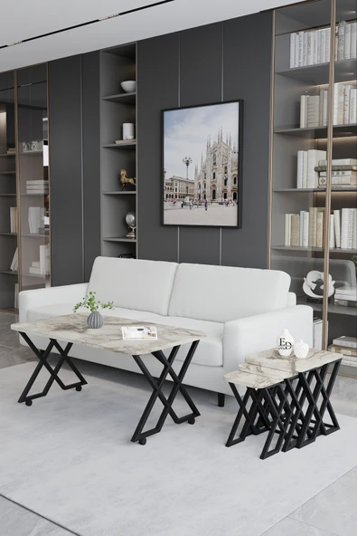 Zigon Sehpa , Milano 3'lü Zigon Sehpa Takımı , Siyah Metal - Beyaz Mermer Tabla - Resim 2