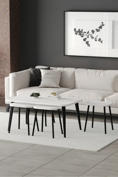 Zigon ve Orta Sehpa 5'li Takım , Metal Ayaklı , Roma 4+1 Sehpa , Siyah Metal - Beyaz Tabla - Resim 2