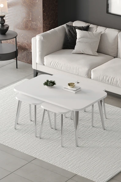 Zigon ve Orta Sehpa 5'li Takım , Metal Ayaklı , Roma 4+1 Sehpa , Gümüş Metal - Beyaz Tabla ürün görseli