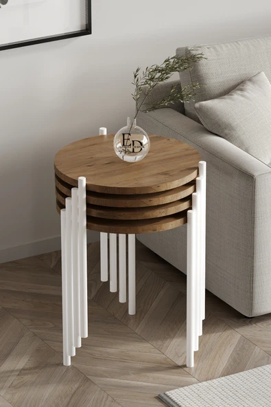 Zigon Sehpa , Nice 4'lü Zigon Sehpa Takımı , Beyaz Metal - Atlantik Çam Tabla ürün görseli