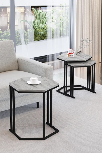 Zigon Sehpa , Tokyo 3'lü Zigon Takımı , Siyah Metal - Beyaz Mermer Tabla - Resim 2