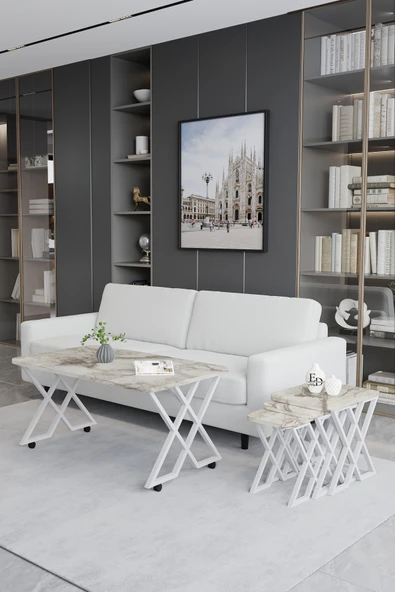 Zigon Sehpa , Milano 3'lü Zigon Sehpa Takımı , Beyaz Metal - Beyaz Mermer Tabla - Resim 2