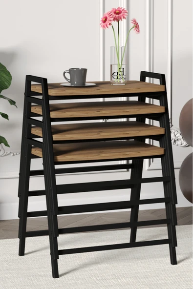 Zigon Sehpa , Aden 4'lü Tepsi Zigon Sehpa Takımı Siyah Metal - Atlantik Çam Tabla - Resim 2