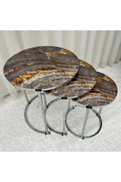 Zigon Sehpa , Paris 3'lü Camlı C Zigon Sehpa Takımı , Gümüş Metal - Cam-92 - Resim 5