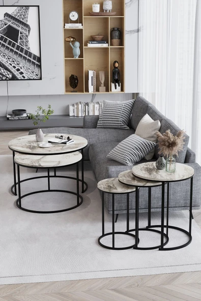 Zigon Sehpa , Paris 3'lü C Zigon Sehpa Takımı , Siyah Metal - Beyaz Mermer Tabla - Resim 2