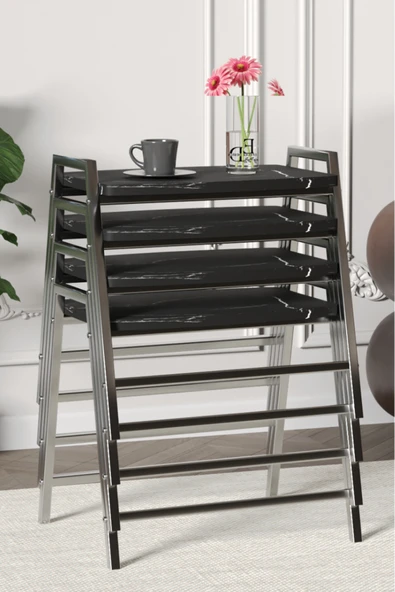 Zigon Sehpa , Aden 4'lü Tepsi Zigon Sehpa Takımı Gümüş Metal - Siyah Mermer Tabla - Resim 2