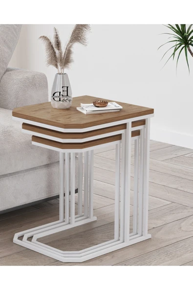 Zigon Sehpa , Lyon 3'lü C Zigon Sehpa Takımı , Beyaz Metal - Atlantik Çam Tabla - Resim 2