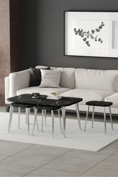 Zigon ve Orta Sehpa 5'li Takım , Metal Ayaklı , Roma 4+1 Sehpa , Gümüş Metal - Siyah Mermer Tabla - Resim 2