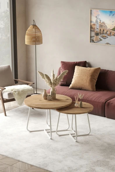 Orta Sehpa , Üsküp 2'li Orta Sehpa Takımı , Beyaz Metal - Atlantik Çam Tabla ürün görseli