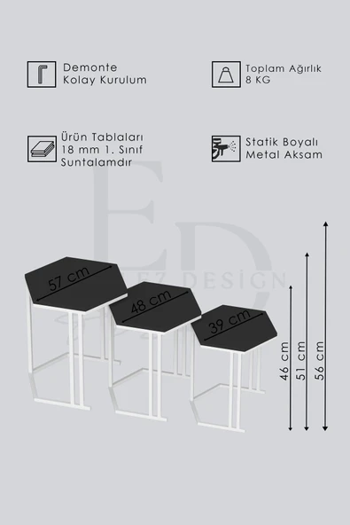 Zigon Sehpa , Tokyo 3'lü Zigon Takımı , Gümüş Metal - Beyaz Mermer Tabla - Resim 3