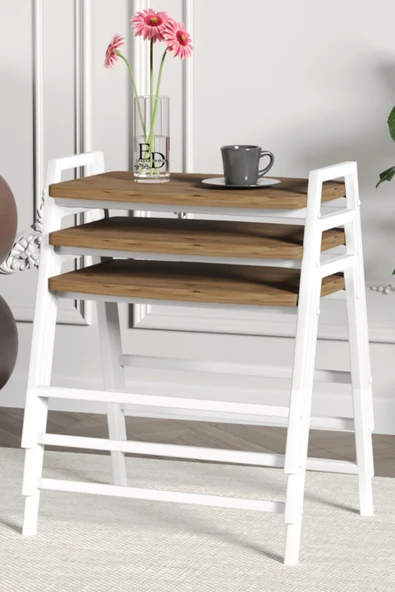 Zigon Sehpa , Aden 3'lü Tepsi Zigon Sehpa Takımı Beyaz Metal - Atlantik Çam Tabla - Resim 2