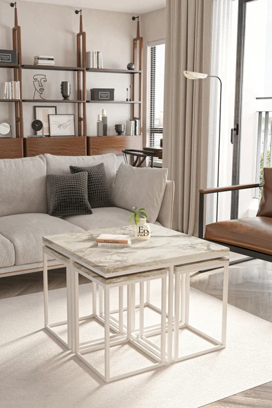 Orta Sehpa , Lizbon 4 1 , Kare Pizza Sehpa Takımı , Beyaz Metal - Beyaz Mermer Tabla - Resim 2