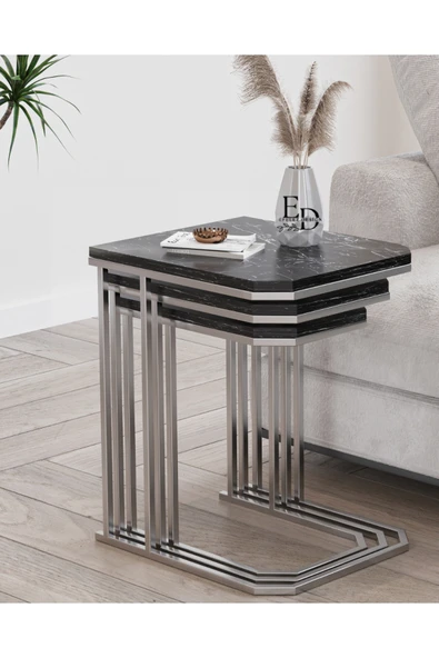 Zigon Sehpa , Lyon 3'lü C Zigon Sehpa Takımı , Gümüş Metal - Siyah Mermer Tabla ürün görseli