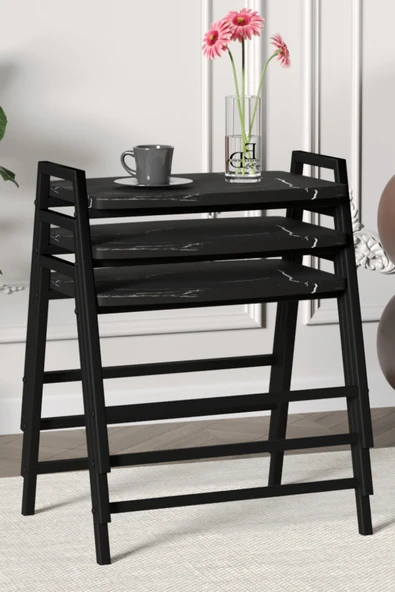 Zigon Sehpa , Aden 3'lü Tepsi Zigon Sehpa Takımı Siyah Metal - Siyah Mermer Tabla ürün görseli