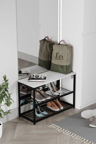 Ayakkabılık , Düzenleyici , Ruby 3 Raflı Ayakkabılık , Siyah Metal - Beyaz Tabla - Resim 2