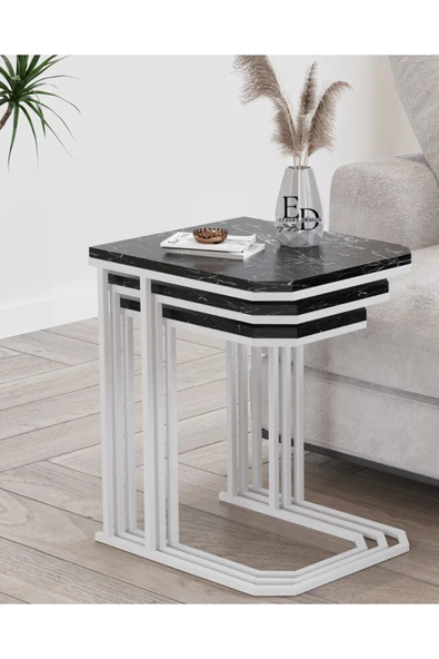 Zigon Sehpa , Lyon 3'lü C Zigon Sehpa Takımı , Beyaz Metal - Siyah Mermer Tabla ürün görseli