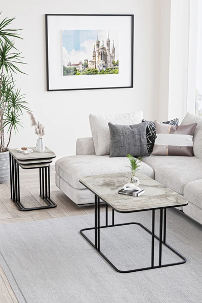 Orta Sehpa , Lyon Orta Sehpa , Siyah Metal - Beyaz Mermer Tabla - Resim 2