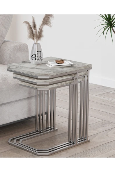 Zigon Sehpa , Lyon 3'lü C Zigon Sehpa Takımı , Gümüş Metal - Beyaz Mermer Tabla - Resim 2