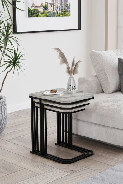 Zigon Sehpa , Lyon 3'lü C Zigon Sehpa Takımı , Siyah Metal - Beyaz Mermer Tabla - Resim 3