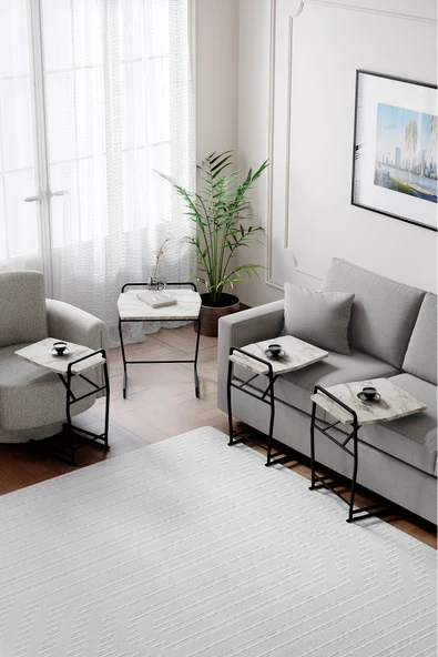 Zigon Sehpa , Miami 4'lü Zigon Sehpa Takımı , Siyah Metal - Beyaz Mermer Tabla - Resim 2