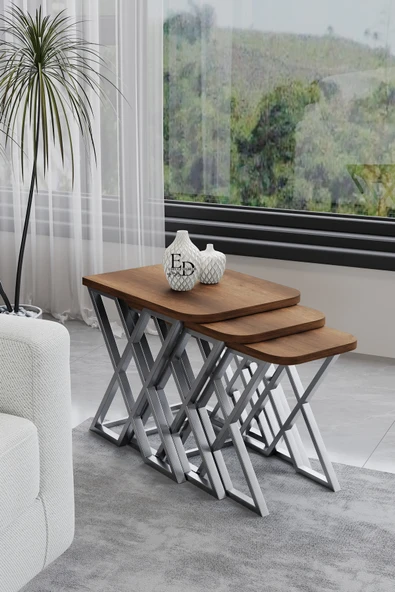 Zigon Sehpa , Milano 3'lü Zigon Sehpa Takımı , Gümüş Metal - Barok Tabla ürün görseli