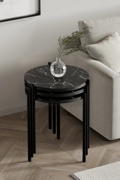 Zigon Sehpa , Nice 3'lü Zigon Sehpa Takımı , Siyah Metal - Siyah Mermer Tabla ürün görseli