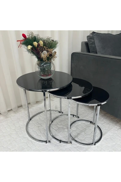 Zigon Sehpa , Paris 3'lü Camlı C Zigon Sehpa Takımı , Gümüş Metal - Siyah Cam ürün görseli