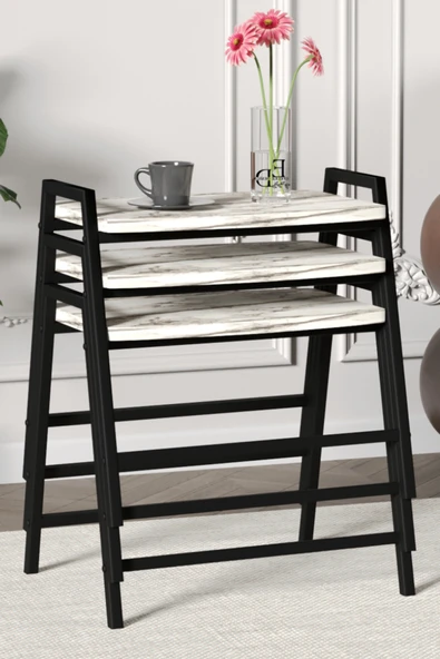 Zigon Sehpa , Aden 3'lü Tepsi Zigon Sehpa Takımı Siyah Metal - Beyaz Mermer Tabla ürün görseli