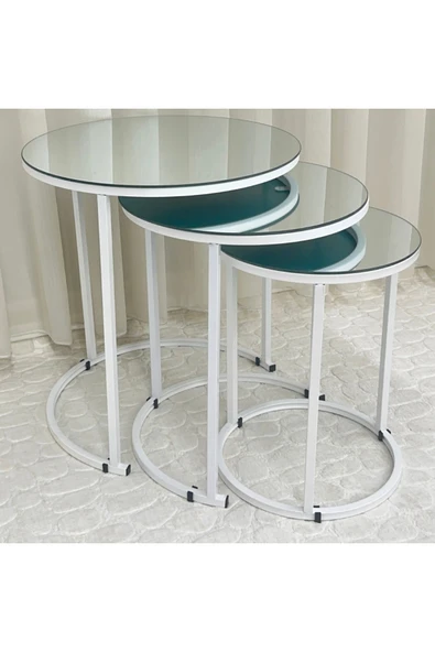 Zigon Sehpa , Paris 3'lü Camlı C Zigon Sehpa Takımı , Beyaz Metal - Aynalı Cam ürün görseli