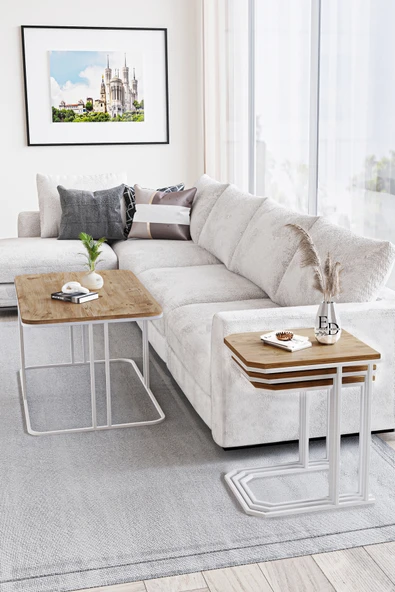 Zigon Sehpa , Lyon 3'lü C Zigon Sehpa Takımı , Beyaz Metal - Atlantik Çam Tabla - Resim 4