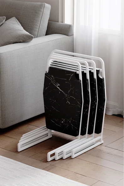 Zigon Sehpa , Miami 4'lü Zigon Sehpa Takımı , Beyaz Metal - Siyah Mermer Tabla ürün görseli