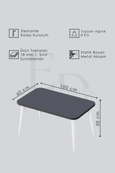 Orta Sehpa Metal Ayaklı , Roma Orta Sehpa , Gümüş Metal - Beyaz Tabla - Resim 3