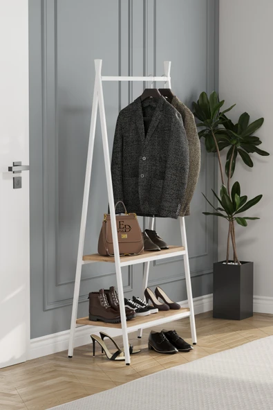 Jade Konfeksiyon Elbise Askılık , 2 Raflı Askılık , Beyaz Metal - Atlantik Çam Tabla - Resim 2