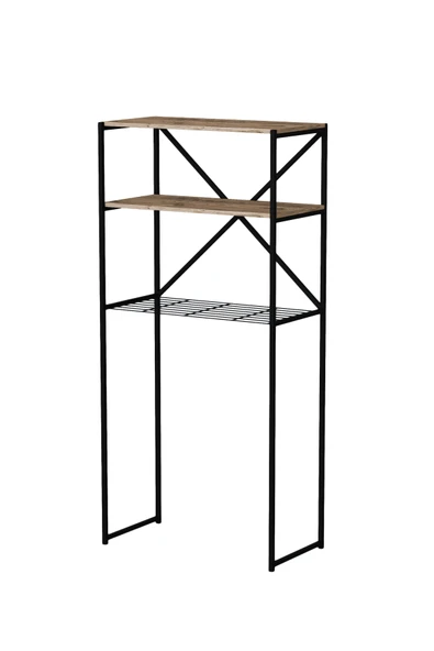 Banyo Rafı , Beril 2 Raflı Çamaşır Makinesi Üstü Düzenleyici , Siyah Metal - Atlantik Çam Tabla - Resim 3