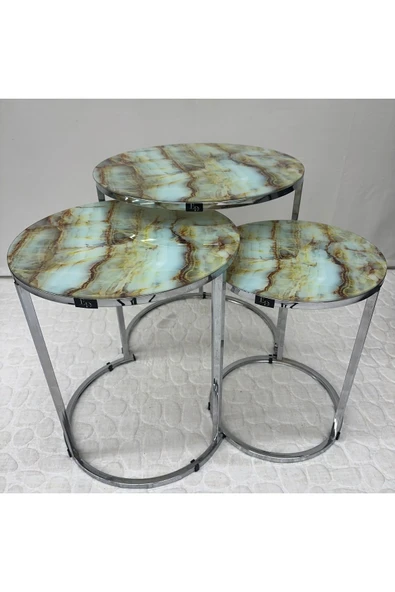 Zigon Sehpa , Paris 3'lü Camlı C Zigon Sehpa Takımı , Gümüş Metal - Cam-98 - Resim 3