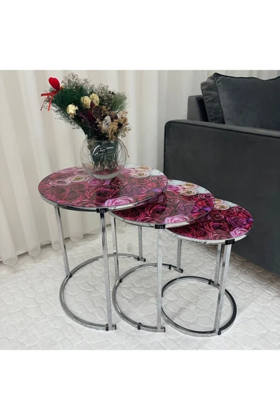 Zigon Sehpa , Paris 3'lü Camlı C Zigon Sehpa Takımı , Gümüş Metal - Cam-96 ürün görseli