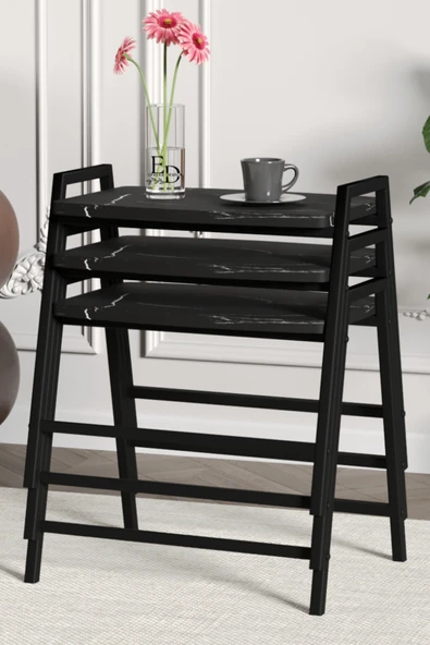 Zigon Sehpa , Aden 3'lü Tepsi Zigon Sehpa Takımı Siyah Metal - Siyah Mermer Tabla - Resim 2