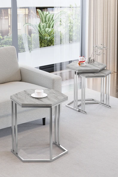 Zigon Sehpa , Tokyo 3'lü Zigon Takımı , Gümüş Metal - Beyaz Mermer Tabla - Resim 2