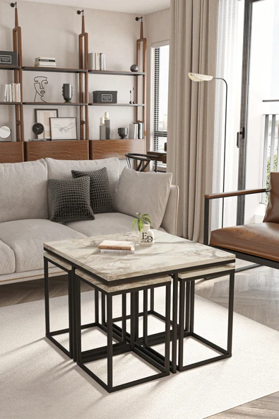 Orta Sehpa , Lizbon 4 1 , Kare Pizza Sehpa Takımı , Siyah Metal - Beyaz Mermer Tabla - Resim 2